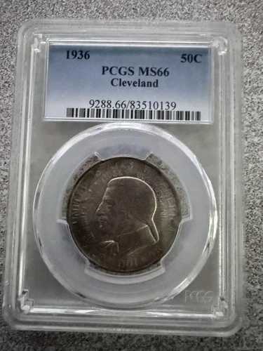 1936年 クリーブランド ハーフダラー 50セント銀貨、美しい色調、PCGS MS66、送料無料