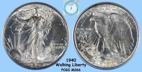 1940年ウォーキング・リバティ・ハーフダラー PCGS MS65 - 白地に青と赤褐色のパステル｜WORLD RESOURCE【QUEEN店】