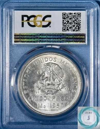 1950年-Mo シルバー 5ペソ サザン鉄道 PCGS MS64 - ゴールドシールド付きニアジェム