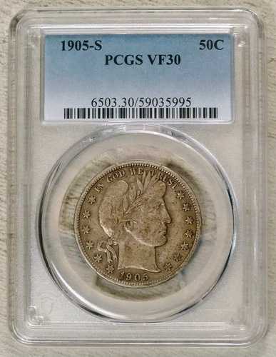1905-S バーバーハーフダラー、過小評価された日付、PCGS VF-30の非常に良好な状態、希少