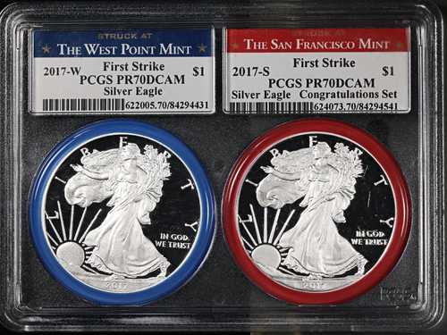 2017-S、W シルバー アメリカン イーグル $1 PCGS PR70DCAM 2 コイン セット 祝賀ラ...