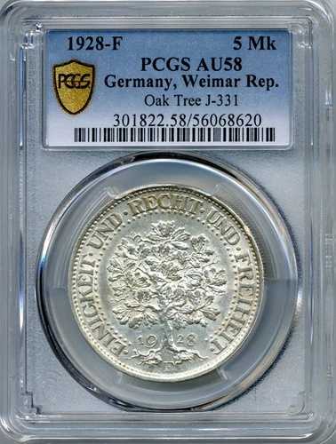 1928-F ドイツ - ワイマール共和国、5マルク、オークツリー - Choice About UNC、PCGS AU58