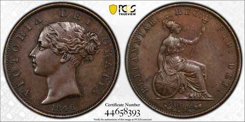 1846年 1/2 ハーフペニー イギリス ヴィクトリア女王 PCGS AU55