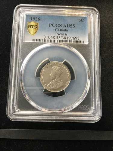 1926年頃；PCGS認定カナダ貨幣、5セント、**AU-55** #7697