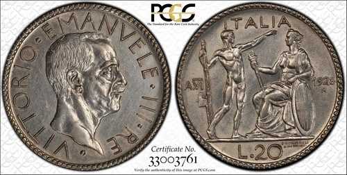 イタリア 1928年 20リラ銀貨 PCGS認定「ほぼ未使用」