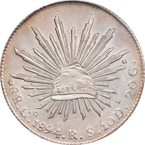 メキシコ グアナファト 1894年-GoRS 8レアル 未流通コイン、PCGS認定 UNC. DET