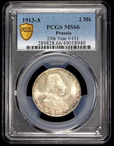 1913年 ドイツ諸州 プロイセン 2マルク、PCGS MS 66、KM-533、ドイツ
