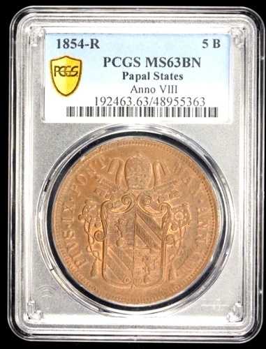 1854 R 年 VIII イタリア教皇領 5 バイオッキ、PCGS MS 63、KM-1356、イタリア 76,835円