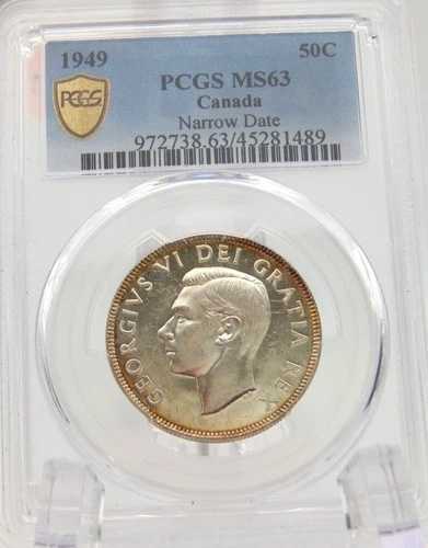 カナダ 1949年 シルバー ハーフドル / 50セント PCGS MS 63 ナローデイト KG VI (BT690)