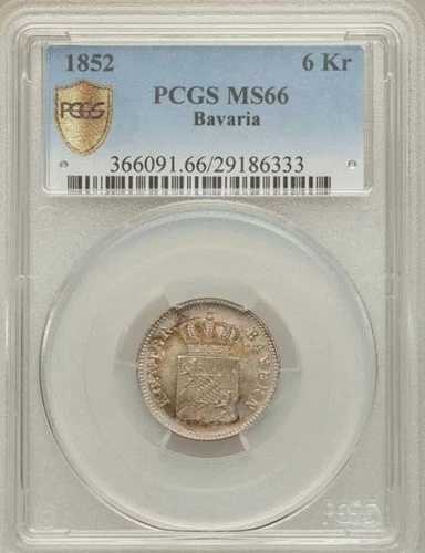 ドイツ バイエルン 1852年 6クロイツァー銀貨 宝石 未流通 PCGS MS66認定