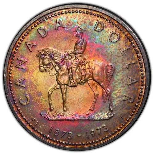 1973年カナダ王立騎馬警察プルーフ銀貨 $1 PCGS SP66 レインボートーン