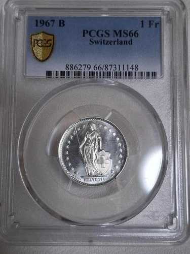 スイス 1フラン銀貨 1967年 PCGS / 30