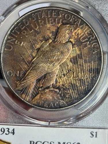 1934年 1ドル ピースドル PCGS MS62 トーン「ロングビーチ万博記念ホルダー」