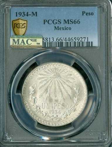 1934年 メキシコ シルバー 1ペソ PCGS MS66 2ND 最高級グレード MAC スポットレス *