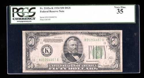 DBR 1934 $50 DGS FRN ダラス Fr. 2102-Kdgs PCGS 35 シリアル K01264467A