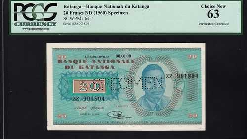 カタンガ 20フラン 1960年 **スペシメン** PCGS 63 チョイス 新品 UNC P 6s ZZ