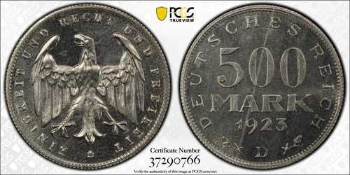 ドイツ ワイマール共和国 プルーフ 1923 D 500 マーク KM# 36 PCGS PR64 GEM UNC #2605｜WORLD RESOURCE【QUEEN店】