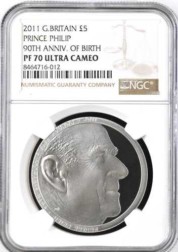 2011年 5ポンド プルーフ プリンス・フィリップ コイン 90周年記念 NGC PF70 イギリス (Cu Ni)