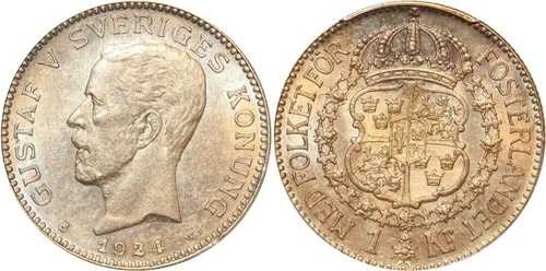 P1927 希少 スウェーデンクローナ グスタフ V 1924 W PCGS MS62 シルバー シルバー -＞ オファー-