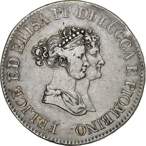 [#1211920] イタリアの州、ルッカ、フェリックスとエリサ、5 フランキ、1805 年、フィレンツェ、シル