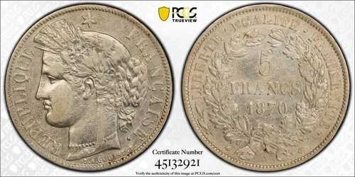 1870-A フランス 5フラン、セレス（モットー付き） - PCGS VF 詳細