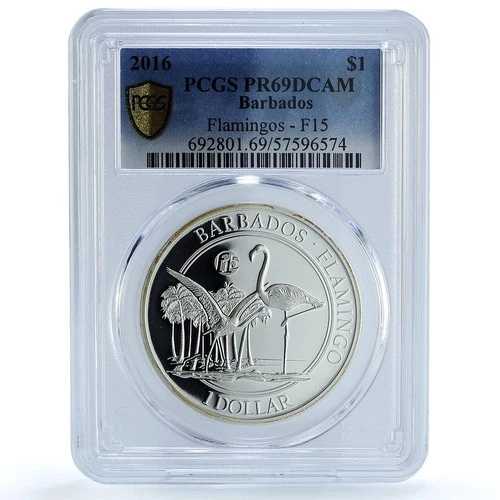 バルバドス 1ドル フラミンゴ F15 マーク KM-81 動物相 鳥類 PR 69 PCGS 銀貨 2016年