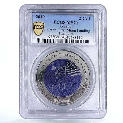 ガーナ 2セディ 50周年 月面着陸 宇宙飛行士 スペース MS70 PCGS チタンコイン 2019