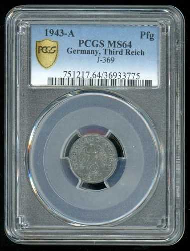 ナチス硬貨 - PCGS MS64 1943-A 1 ペニヒ Pfg ドイツ、第三帝国 J.369 ワン・ハイアー