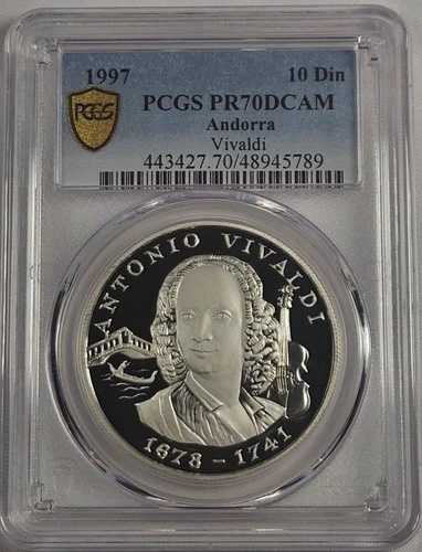 1997 アンドラ 10 ダイナース アントニオ ヴィヴァルディ シルバー コイン Km# 133 PCGS PR 70 DCAM