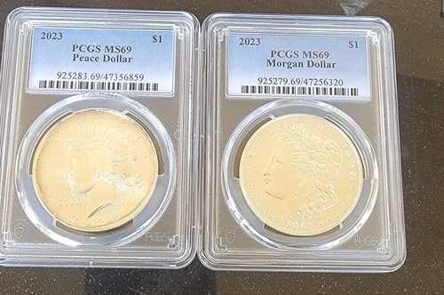 2023年 1ドル モルガン＆ピース シルバー ダラー 2枚セット PCGS MS69 ブルーラベル