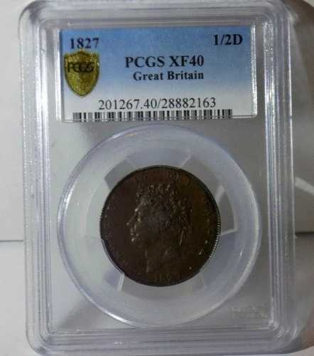 1827年 イギリス ハーフペニー 1/2D 英国 PCGS XF40 XF 40 認定グレードコイン