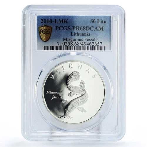 リトアニア 50リトゥス ミスグルヌス魚類保護 PR68 PCGS 銀貨 2010年
