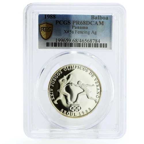 パナマ 1バルボア ソウルオリンピック フェンシング競技 PR68 PCGS 銀貨 1988年