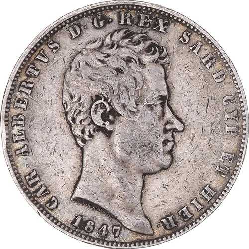 [#849035] コイン、イタリア諸州、サルデーニャ、カルロ・アルベルト、5リラ、1847年、トリノ、V