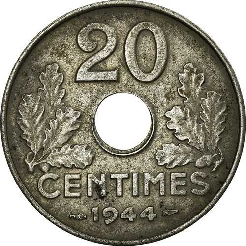 [#12309] コイン、フランス、エタ・フランセ、20 サンタイム、1944 年、パリ、AU(55-58)、亜鉛
