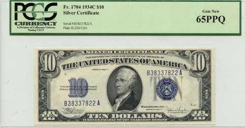 1934年 10ドル 銀貨証明書 ブルー ジュリアン・スナイダー Fr# 1704 PCGS GEM 65 PPQ