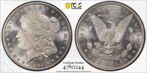 1885年 O $1 モルガン シルバー ドル PCGS MS64+ ゴールドシールドとTrueViewで保護