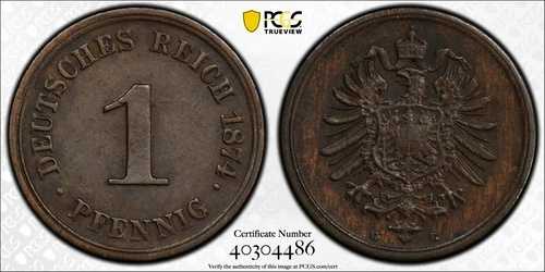 ドイツ 1874-G ペニッヒ PCGS AU55 本物アーティファクト - 146年前のコイン