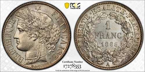フランス 1888A 1フラン PCGS MS64