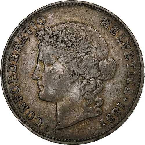 [#1307489] スイス、5フラン、ヘルヴェティア、1891年、ベルン、銀、VF、KM:34