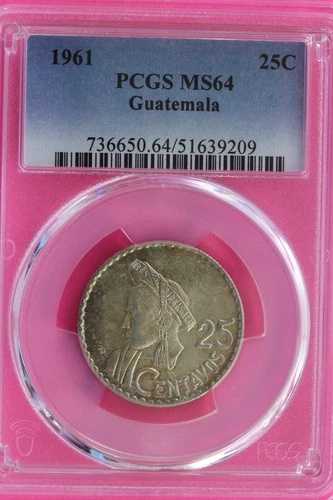 ポップ2 2 ファイナー 1961 MS 64 グアテマロ銀貨 25 センターボ PCGS 本物 239