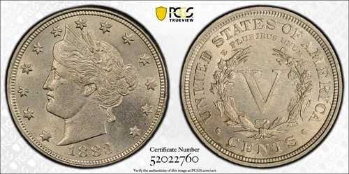 1883年 Vニッケル、セント付き PCGS UNC 詳細 - シミ除去、グレートタイプコイン (#1064)