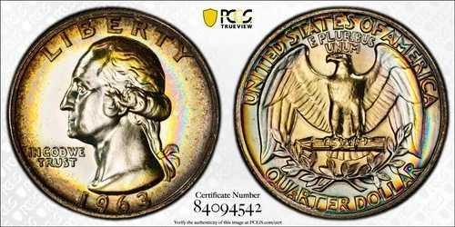 PR66 1963年 25セント ワシントン銀貨 プルーフクォーター、PCGS トゥルービュー - レインボートーン