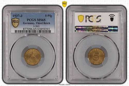 ナチス コイン - PCGS MS65 1937-J 5 フェニヒ Pfg ドイツ、第三帝国 J.363 WW2 #393