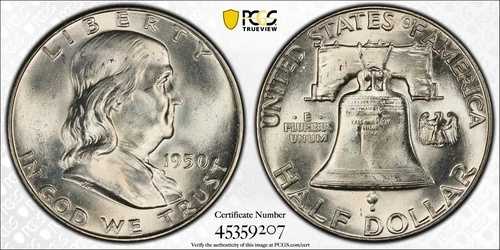 1950年 フランクリン ハーフダラー 50セント PCGS MS 65 FBL ミント UNC - フルベルライン (207)
