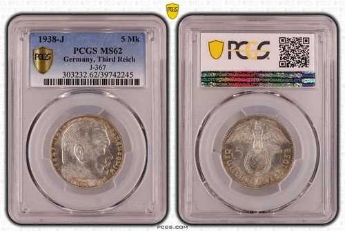 PCGS MS62 1938-J 5 Mk ライヒスマルク ヒンデンブルク J-367 第三帝国 銀貨 ドイツ 245