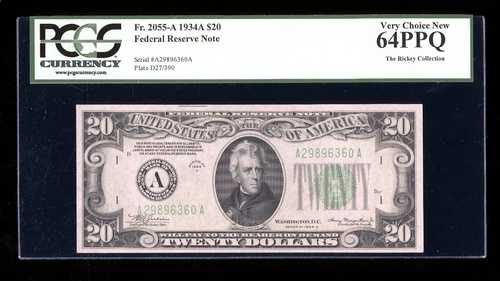 DBR 1934-A $20 FRN ボストン Fr. 2055-A PCGS 64 PPQ シリアル A29896360A