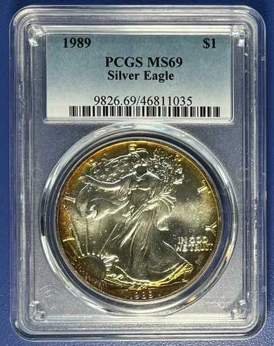 1989年 アメリカン シルバー イーグル ASE 1オンス BU グレード PCGS MS69 素晴らしい色調 #73923