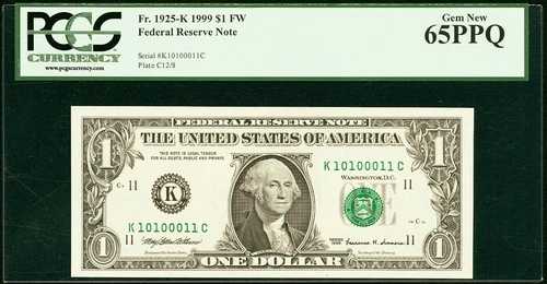 ファンシー トゥルーバイナリ 10100011 Fr. 1925-K 1999 $1 ダラス PCGS 65 PPQ