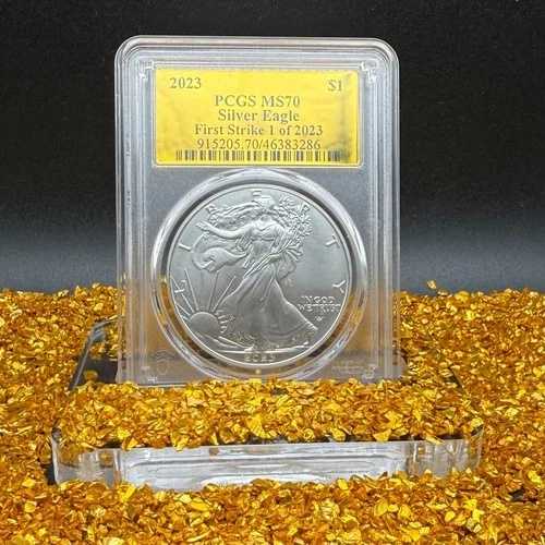 2023年 1ドル シルバーイーグル ファーストストライク PCGS MS70 金箔ラベル 希少 スポットレスミント